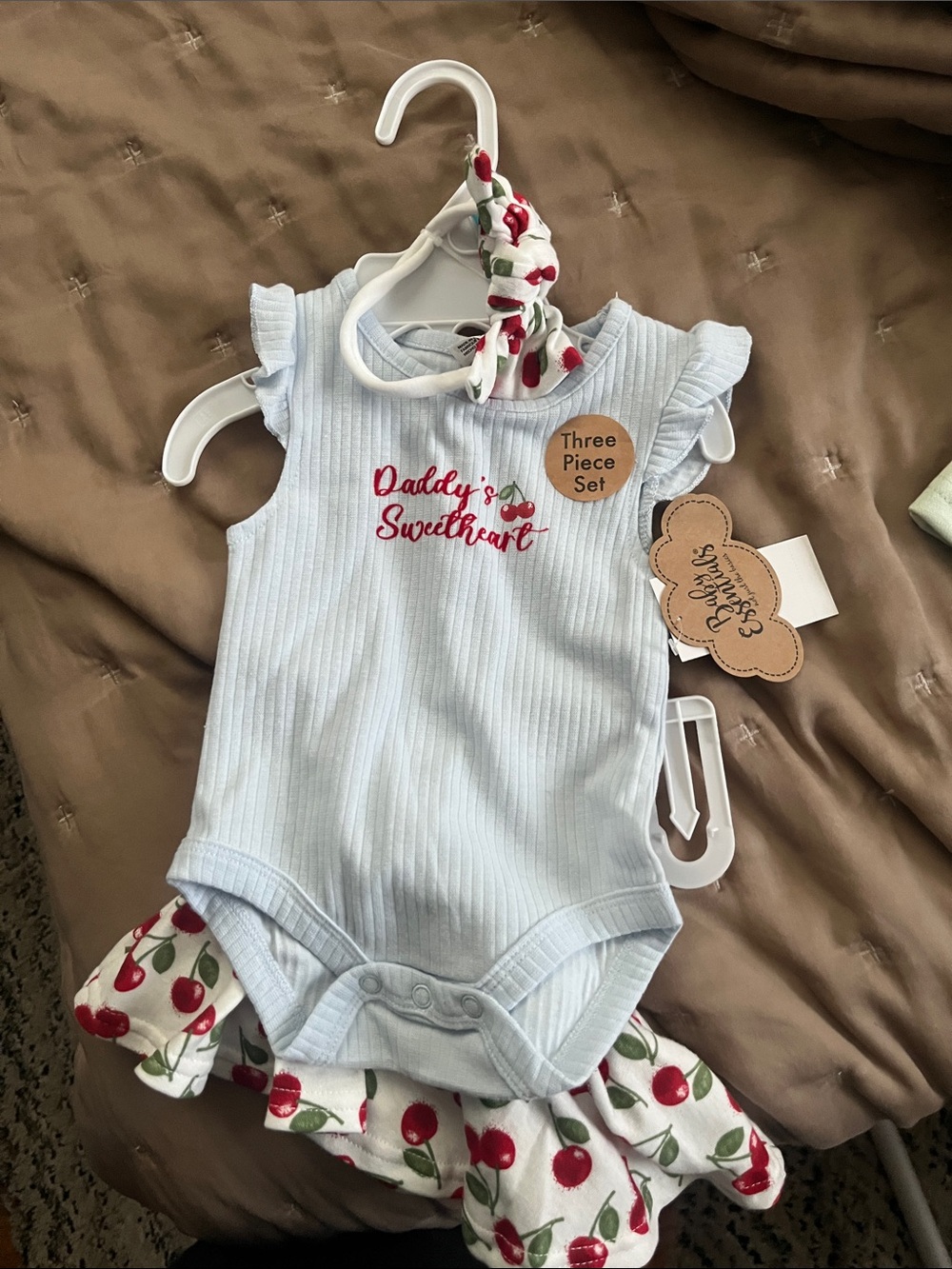 Baby Essentials Light Blue Ribbed 3-Piece Set with Cherry Print